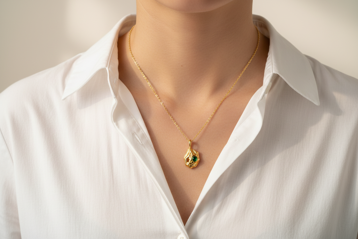 Collar Piedra Verde con camisa blanca
