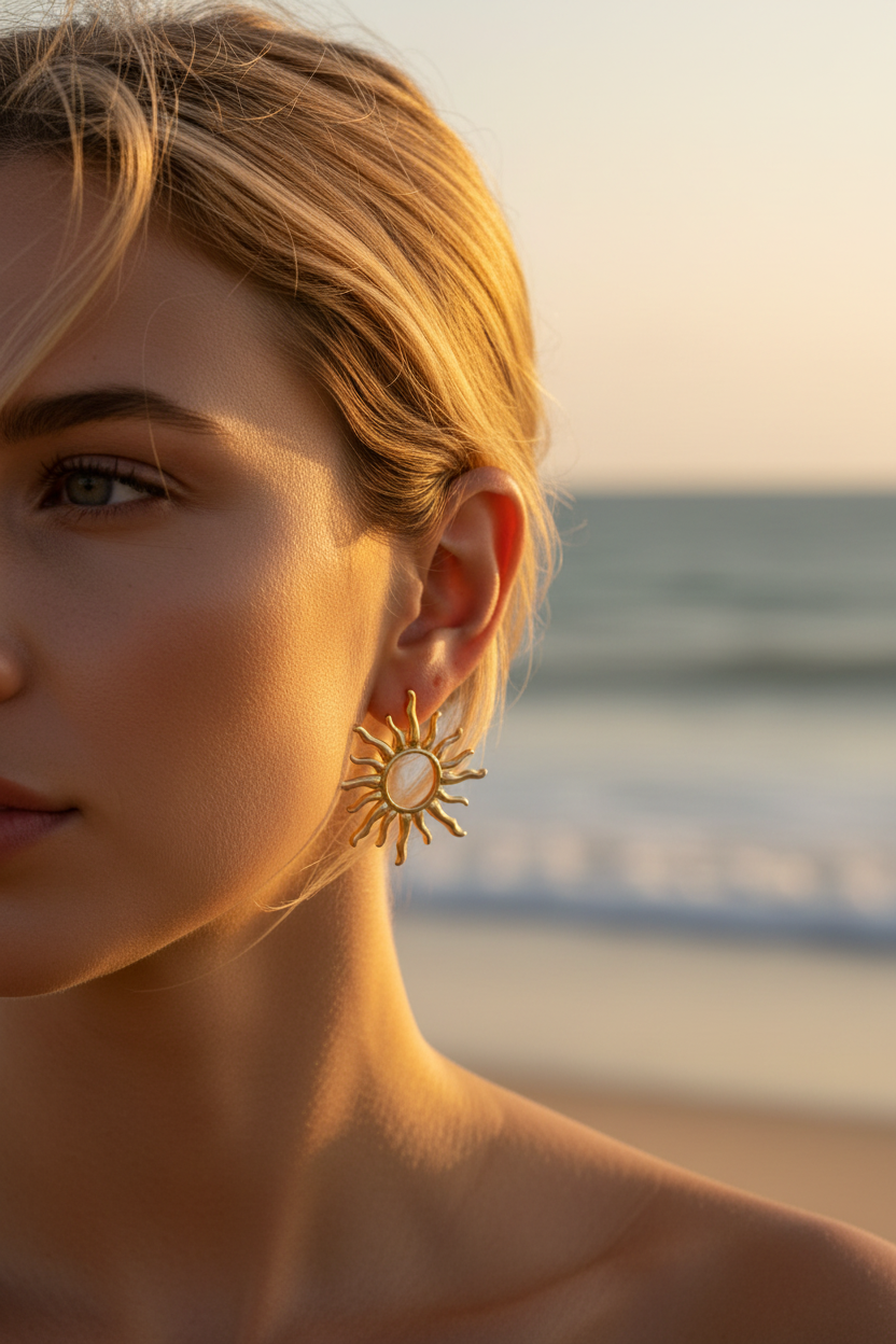 Pendientes sol con modelo rubia en la playa